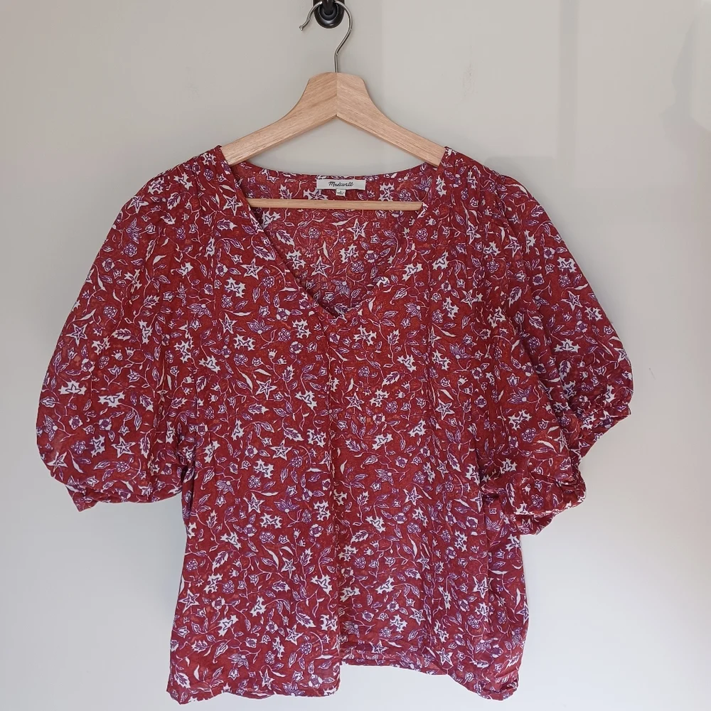 Madewell Rust Red Floral Puff-Sleeve Blouse